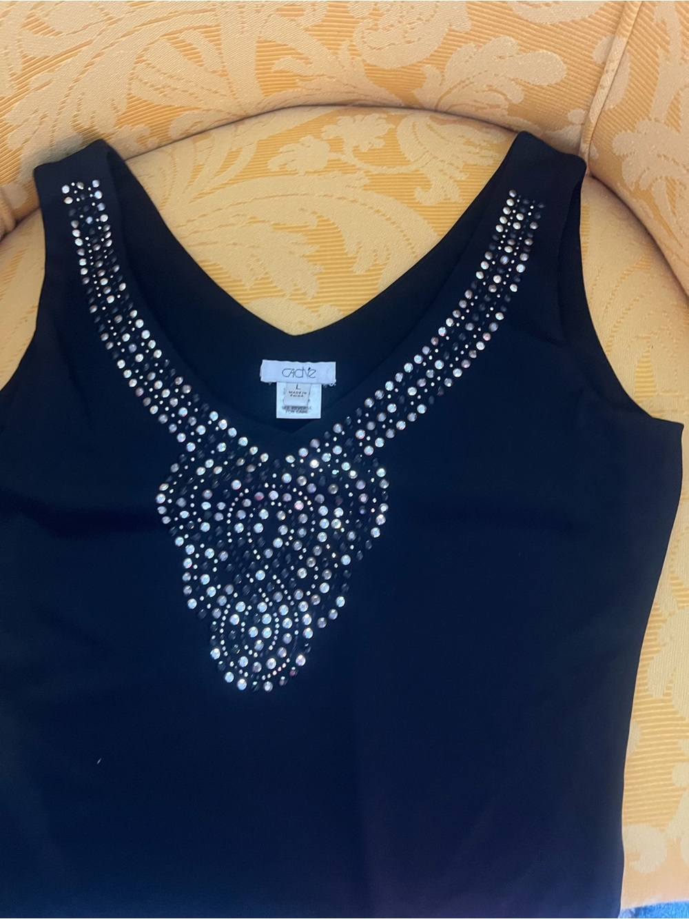 Cache Black Tank Top with Rhinestone Neck Motif